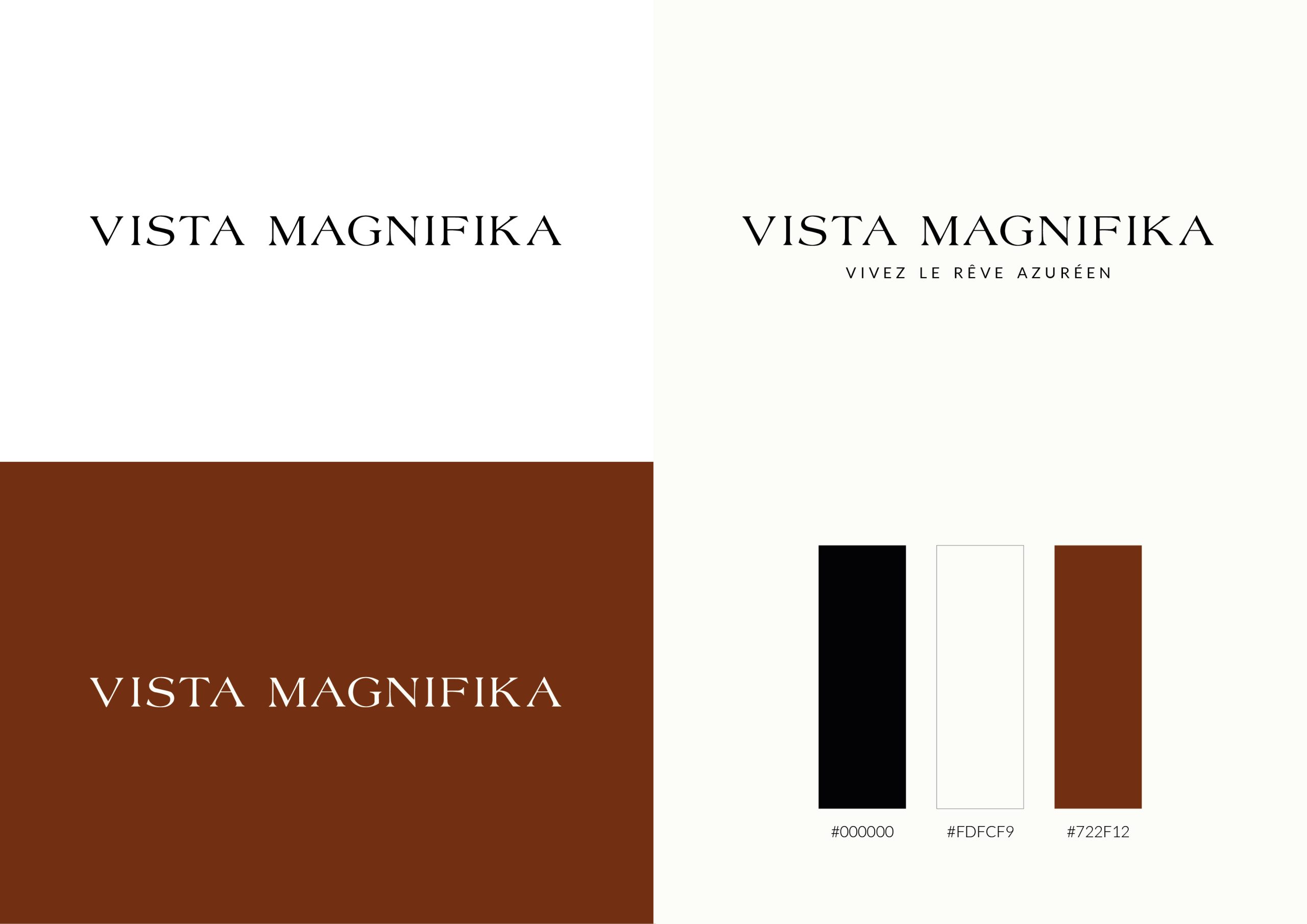 planche de charte graphique présentant la typographie et les couleurs du logo Vista Magnifika réalisé par Pix Associates 