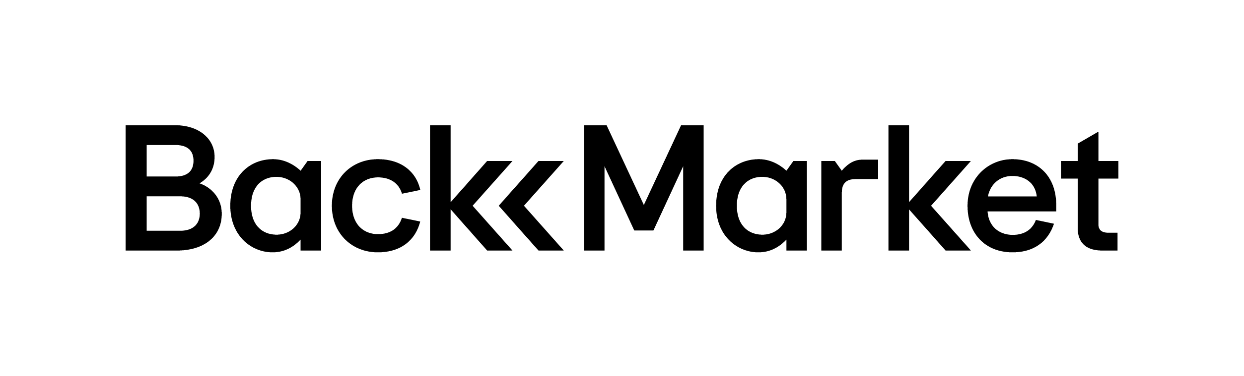 Logo de la marque Back Market, composé d’un mot-symbole en lettres noires stylisées, avec une flèche dynamique à gauche symbolisant le reconditionnement ou le renouveau.