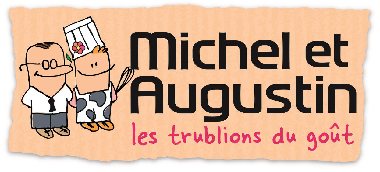 Logo de la marque Michel et Augustin, représentant deux personnages dessinés de façon ludique — l’un en costume avec des lunettes, l’autre en tenue de chef avec une toque — accompagnés du texte “Michel et Augustin” en noir et “les trublions du goût” en rose, sur un fond beige à texture papier.